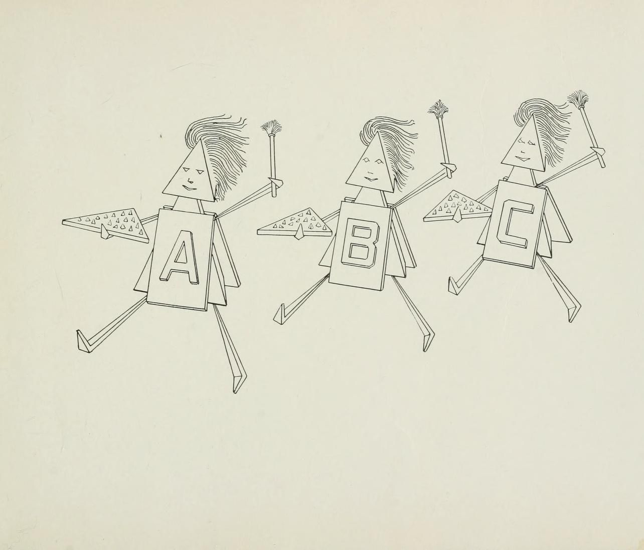A whimsical illustration of three cube-shaped figures labeled 'A', 'B', and 'C', each with spiky hair and simple limbs, set against a pale yellow background.