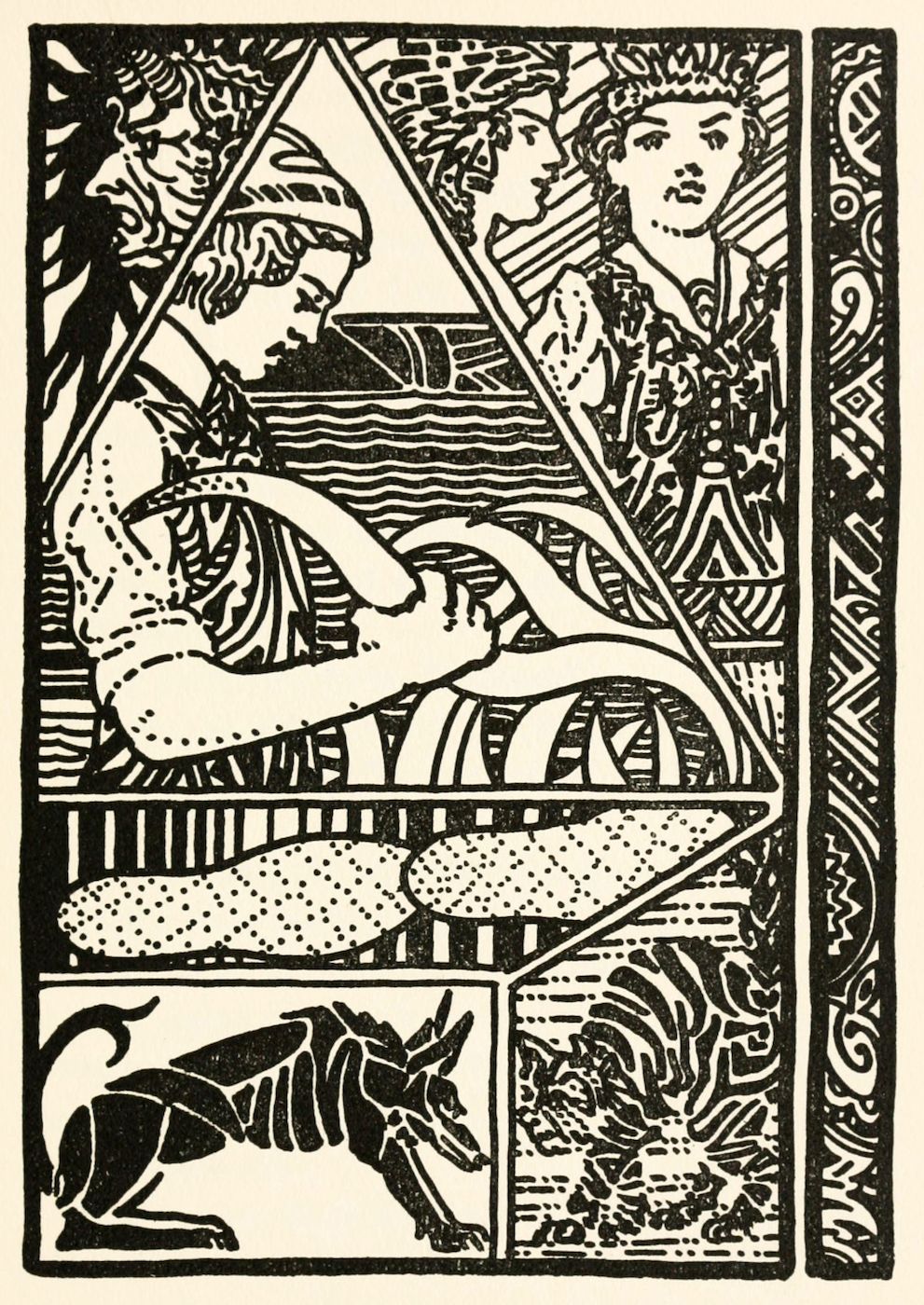 A black and white Art Nouveau illustration divided into panels. The top panel shows three faces, the middle a reclining woman, and the bottom a running wolf. The image is framed by a decorative border.