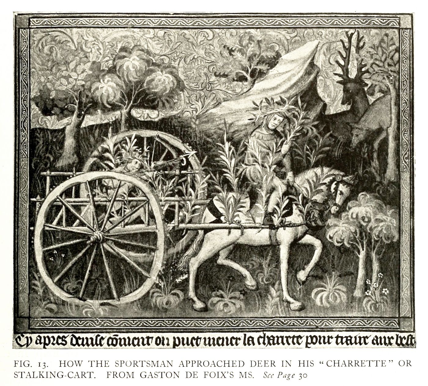 black and white illustration of a deer being pulled in a cart by a man in a forest