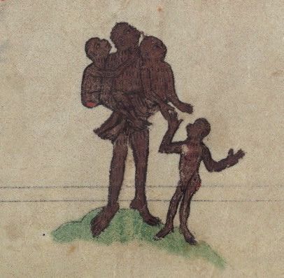 Illustration of a tall, dark-skinned figure carrying two children on their shoulders, with another child standing nearby.
