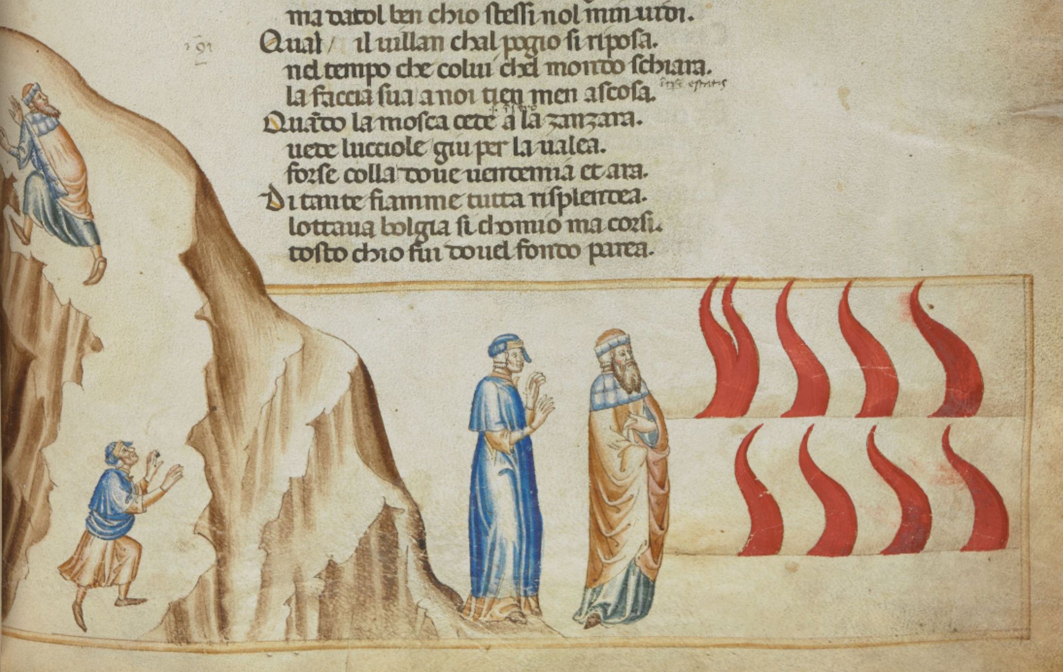 Medieval illustration of a rocky landscape with figures in robes and flame-like shapes.