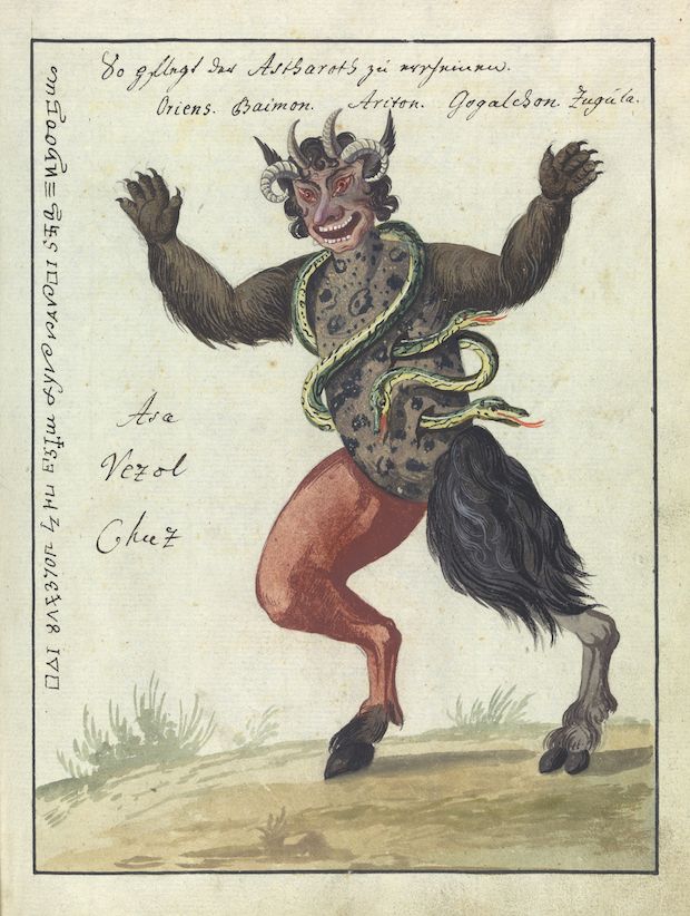 Vintage illustration of a fur-covered demon with horns and a snake around its waist, standing on grass.