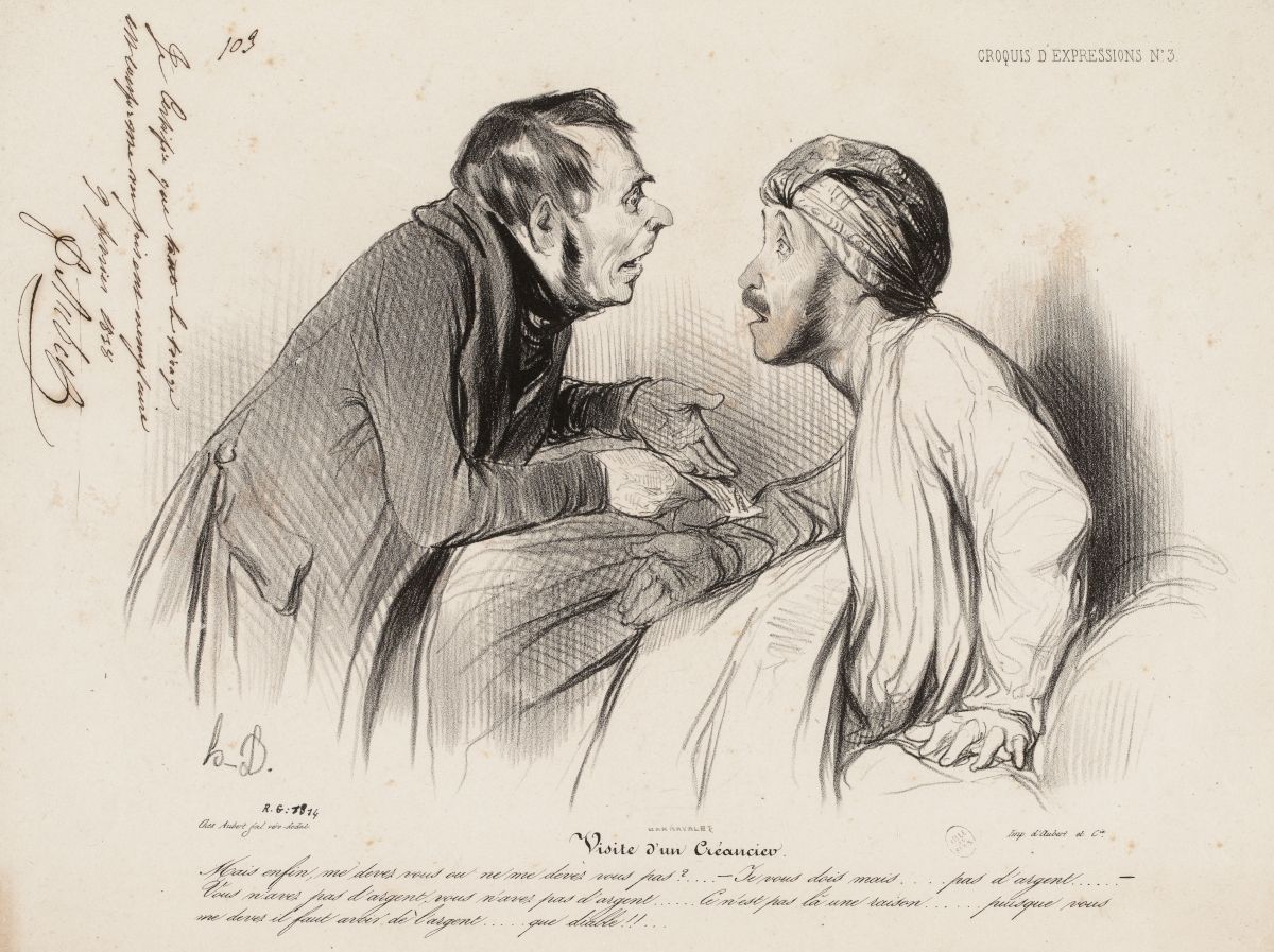 A black and white sketch depicting a dramatic scene between two men.