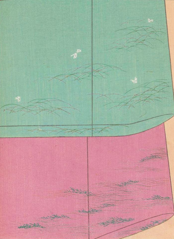 Close-up of a traditional Japanese woodblock print with green and pink grassy fields and abstract birds.