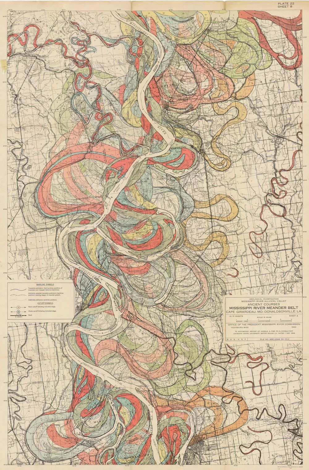 A vintage map depicting the ancient courses of the Mississippi River meander belt between Cape Girardeau, Missouri, and Memphis, Tennessee. The map is rendered in faded sepia tones and features a complex network of former river channels color-coded to indicate different stages or types of courses.