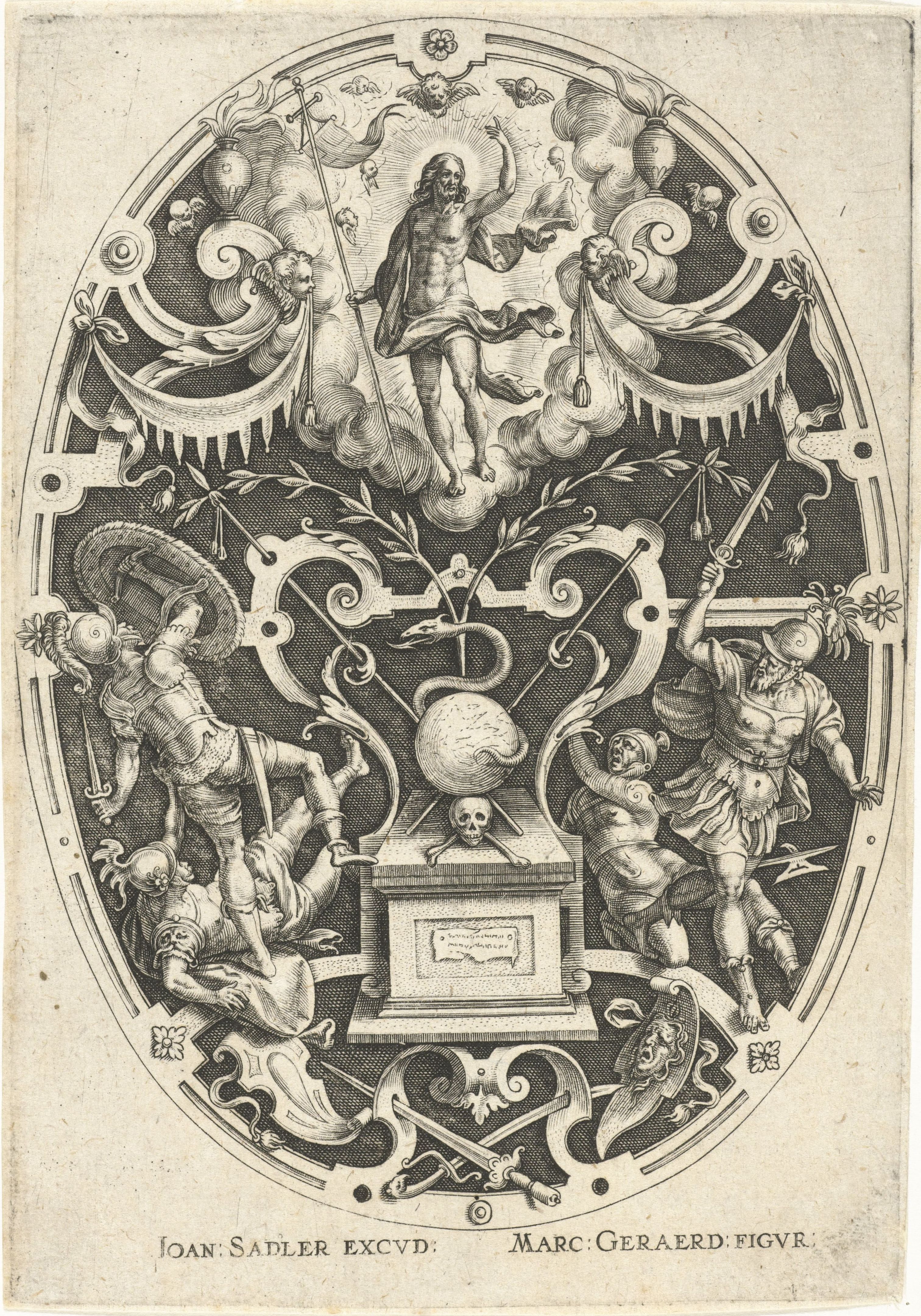 A detailed black and white engraving depicting a complex allegorical scene within an ornate frame.