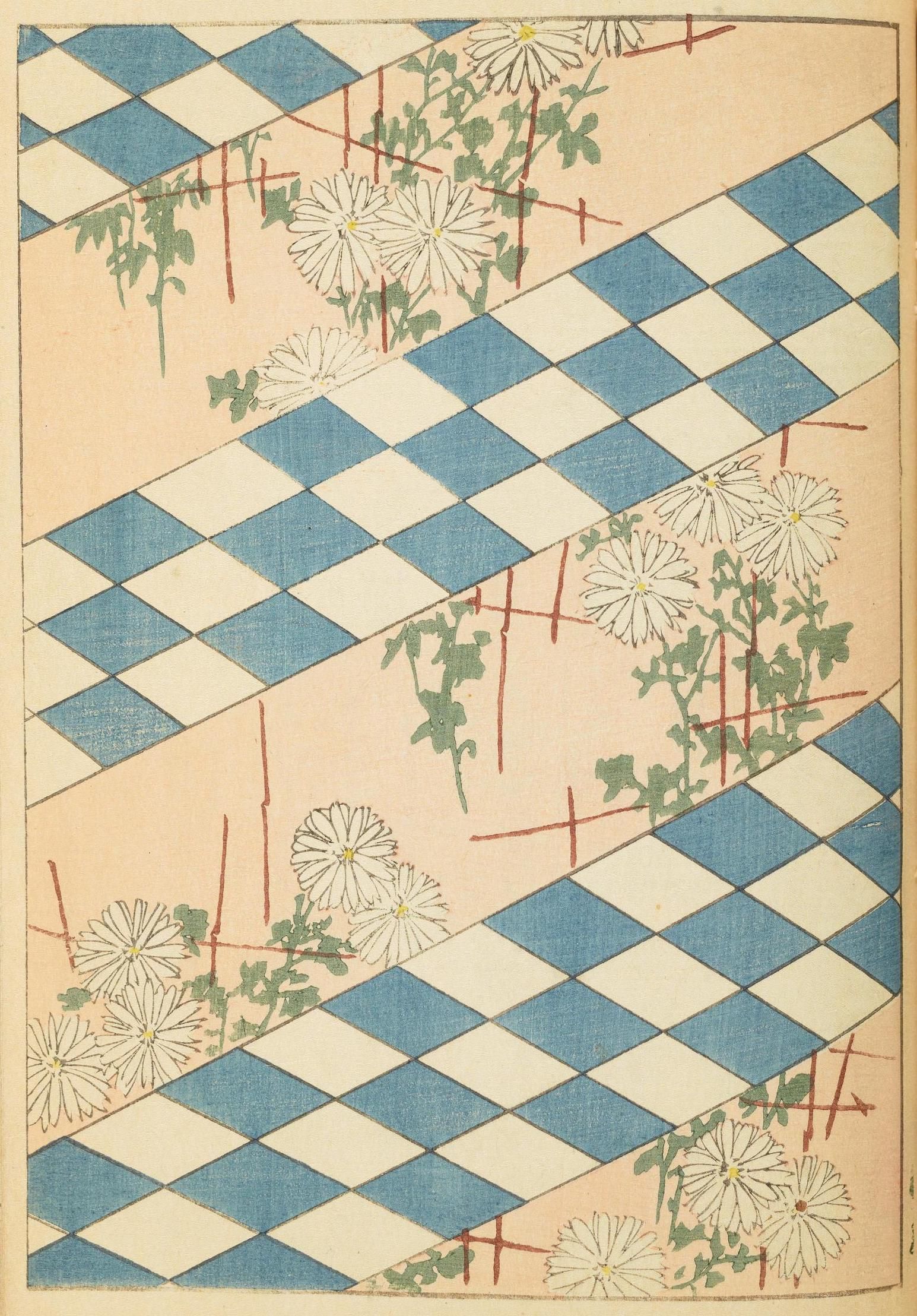 Vintage illustration of chrysanthemum flowers and plants on a diamond-patterned grid with a red fence.