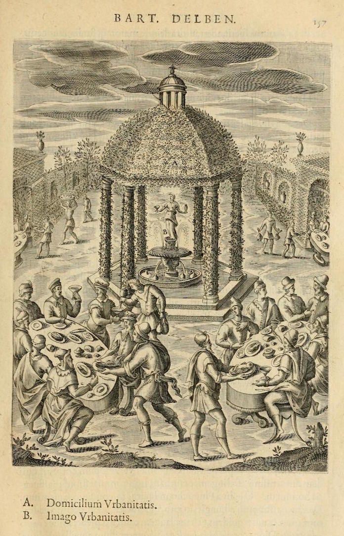 A black and white engraving of a lively outdoor scene with a gazebo, a feast, and people enjoying themselves in a garden setting.