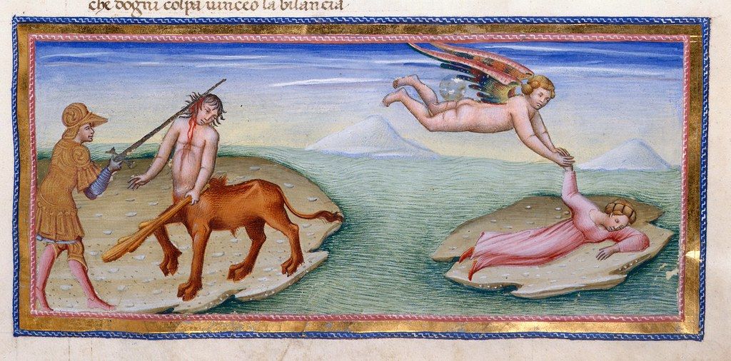 Medieval illustration of a man spearing a centaur while an angel attempts to rescue a person from the water.