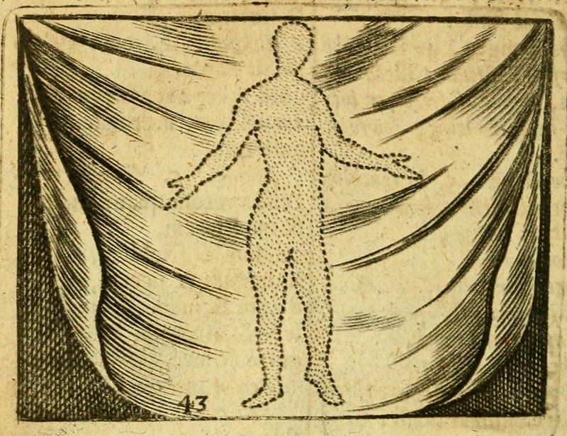 Vintage woodcut of a human figure outlined with dots, standing in front of draped fabric, with numbers '188/16' and '43' in the corners.