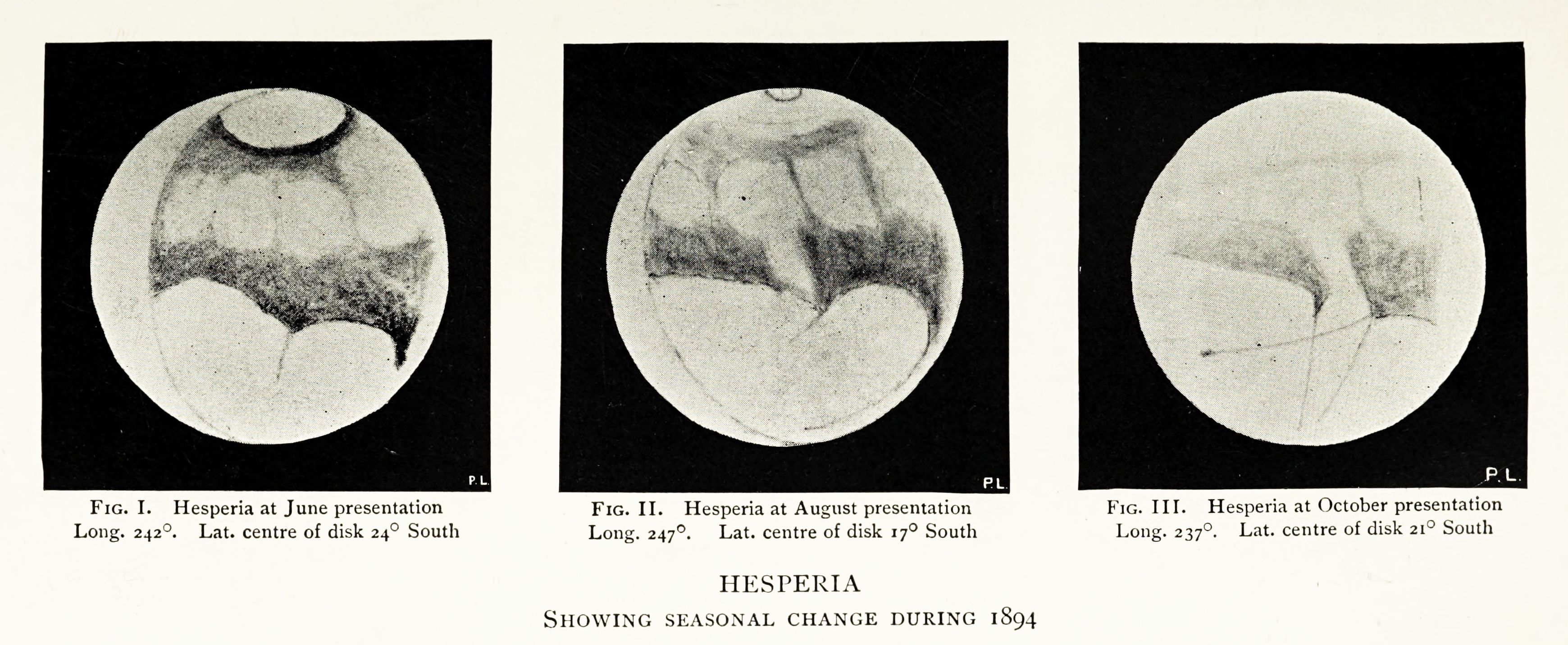 Three circular panels showing the planet Mars at different stages of its seasonal change during 1894. Each panel is labeled with the month, longitude, and latitude of the center of the disk.