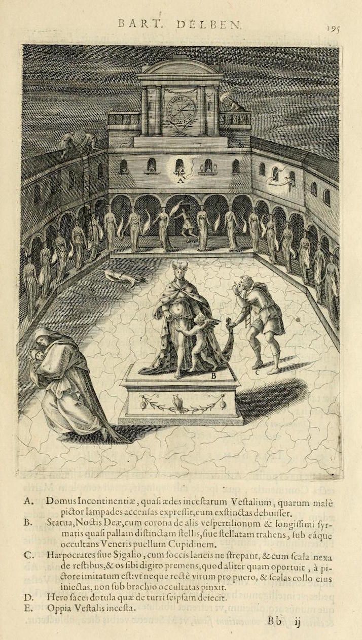 Vintage black and white illustration of a classical building with a fountain and numerous figures.