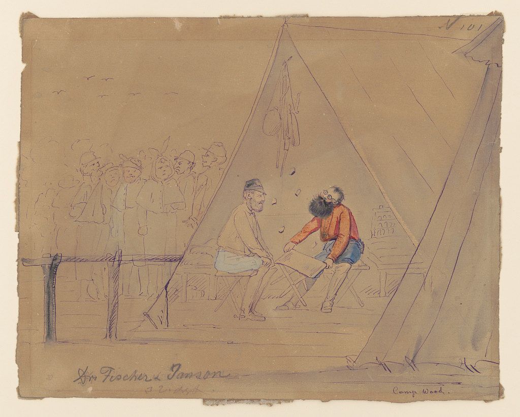 Sepia-toned sketch of two men seated at a table inside a tent, with sketches of faces on the tent walls.