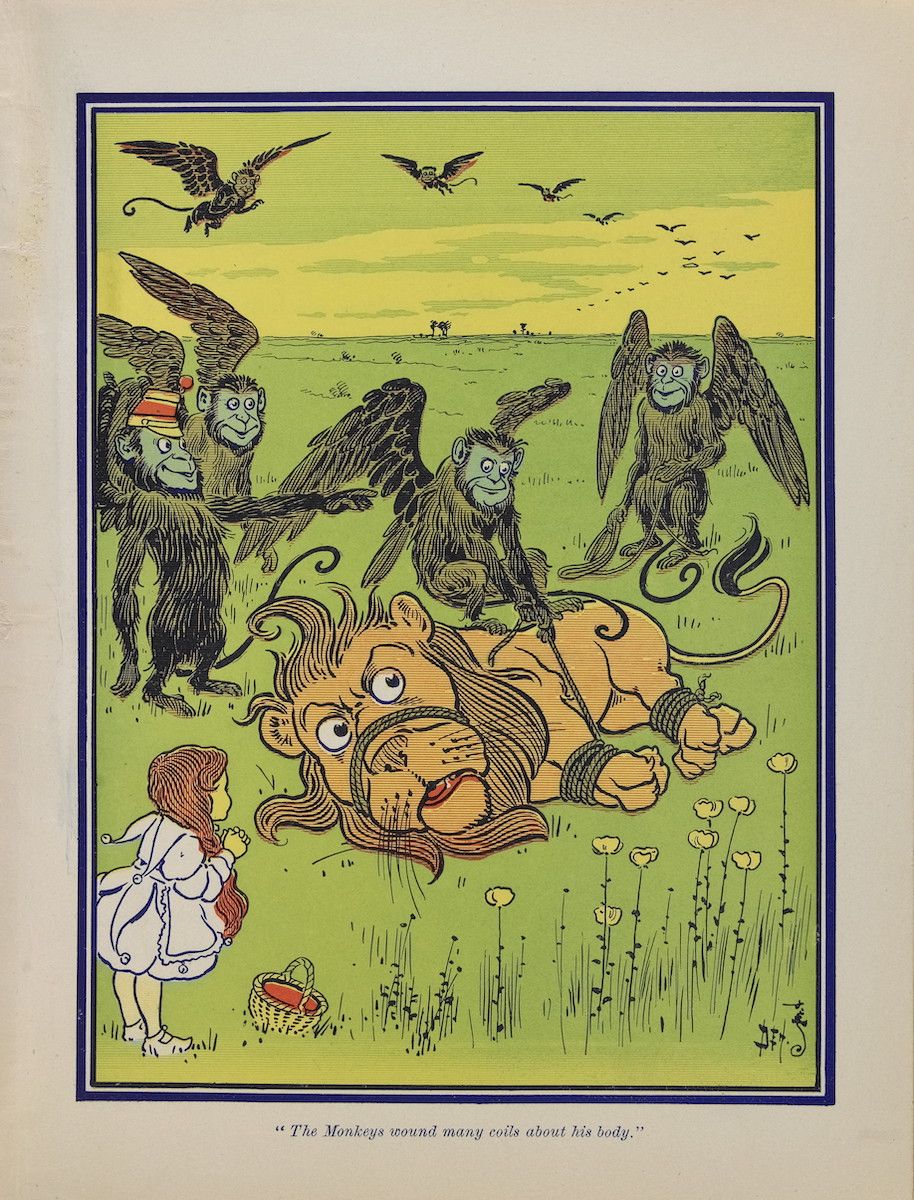 A vintage illustration of a lion being restrained by winged monkeys, with a young girl looking on.