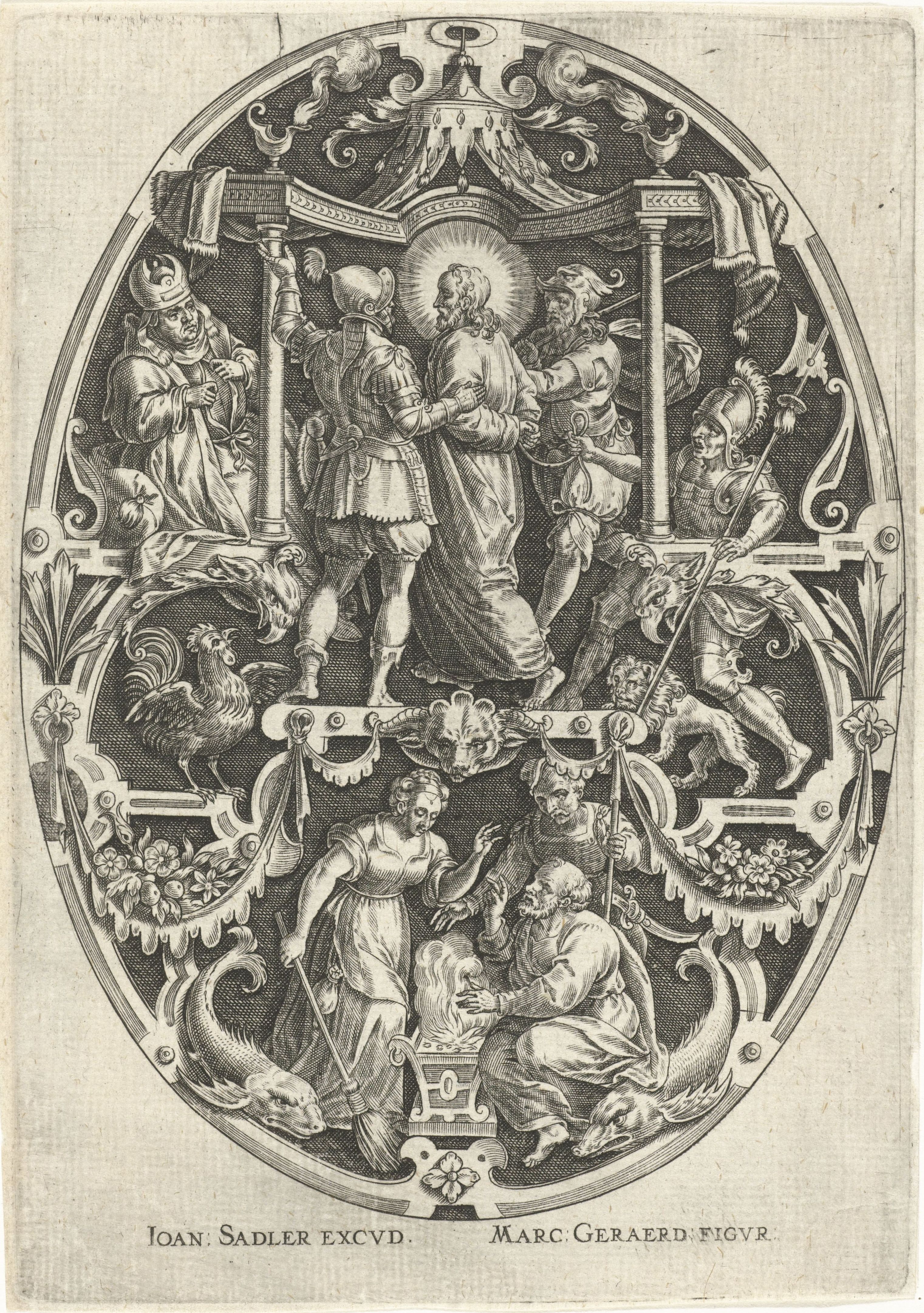 Detailed black and white engraving within an oval frame depicting a religious or mythological scene with multiple figures, architecture, and lush foliage.