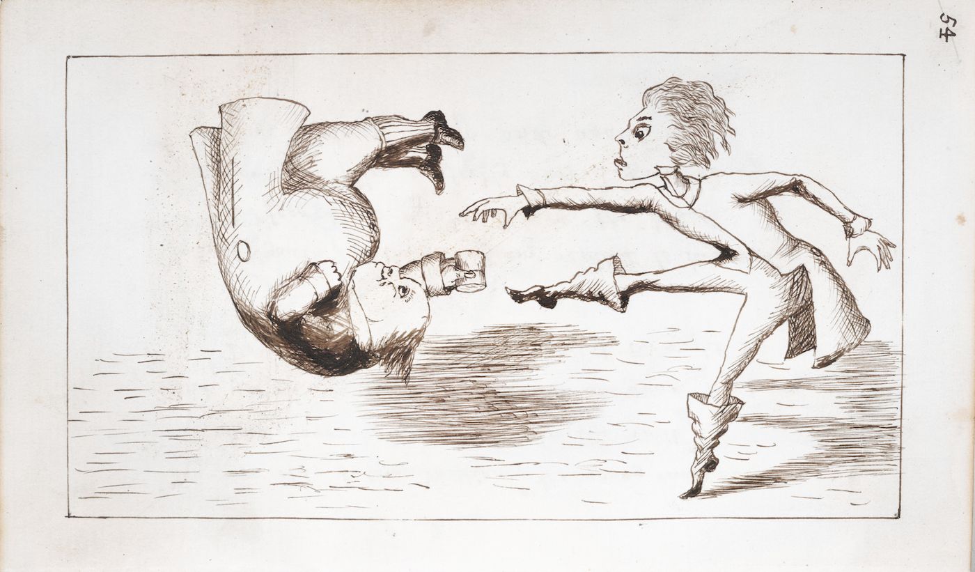 A black and white sketch of two men in a comical scene. One man is falling upside down, with glasses flying off his face, while the other man is in a contorted pose, seemingly reacting to the fall.