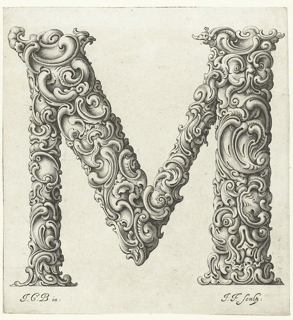 A detailed black and white engraving of the letter 'M' constructed from intricate, swirling, and organic ornamental designs.