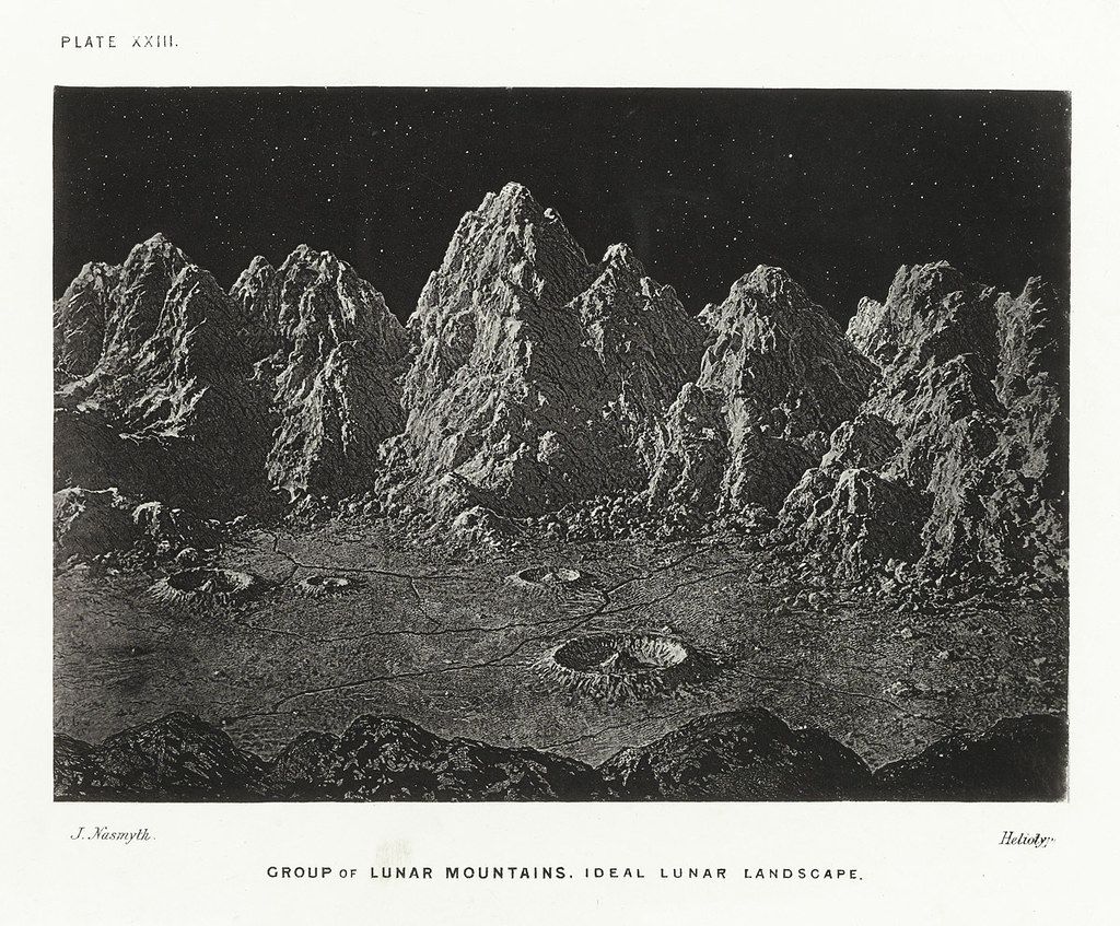A black and white illustration of a group of jagged lunar mountains against a starry sky.