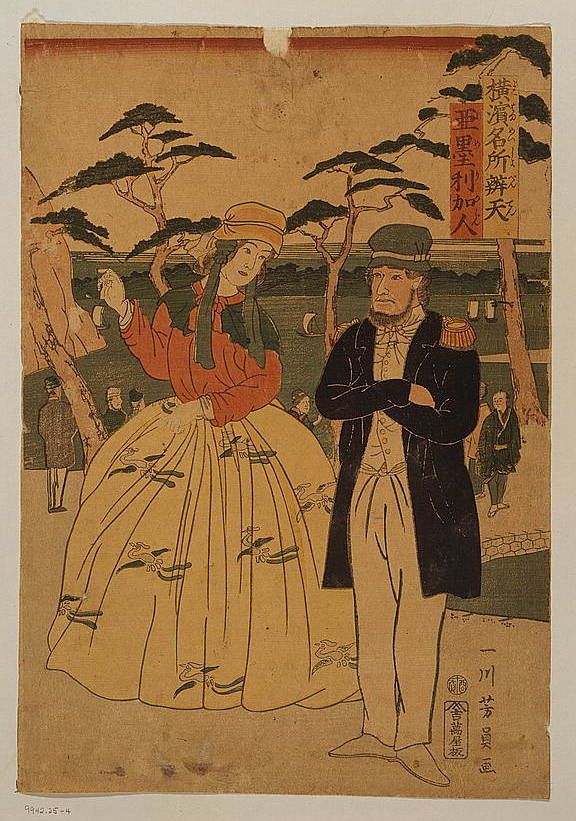 Vintage Japanese woodblock print depicting a woman in a large dress and a man in a formal coat standing in a landscape.