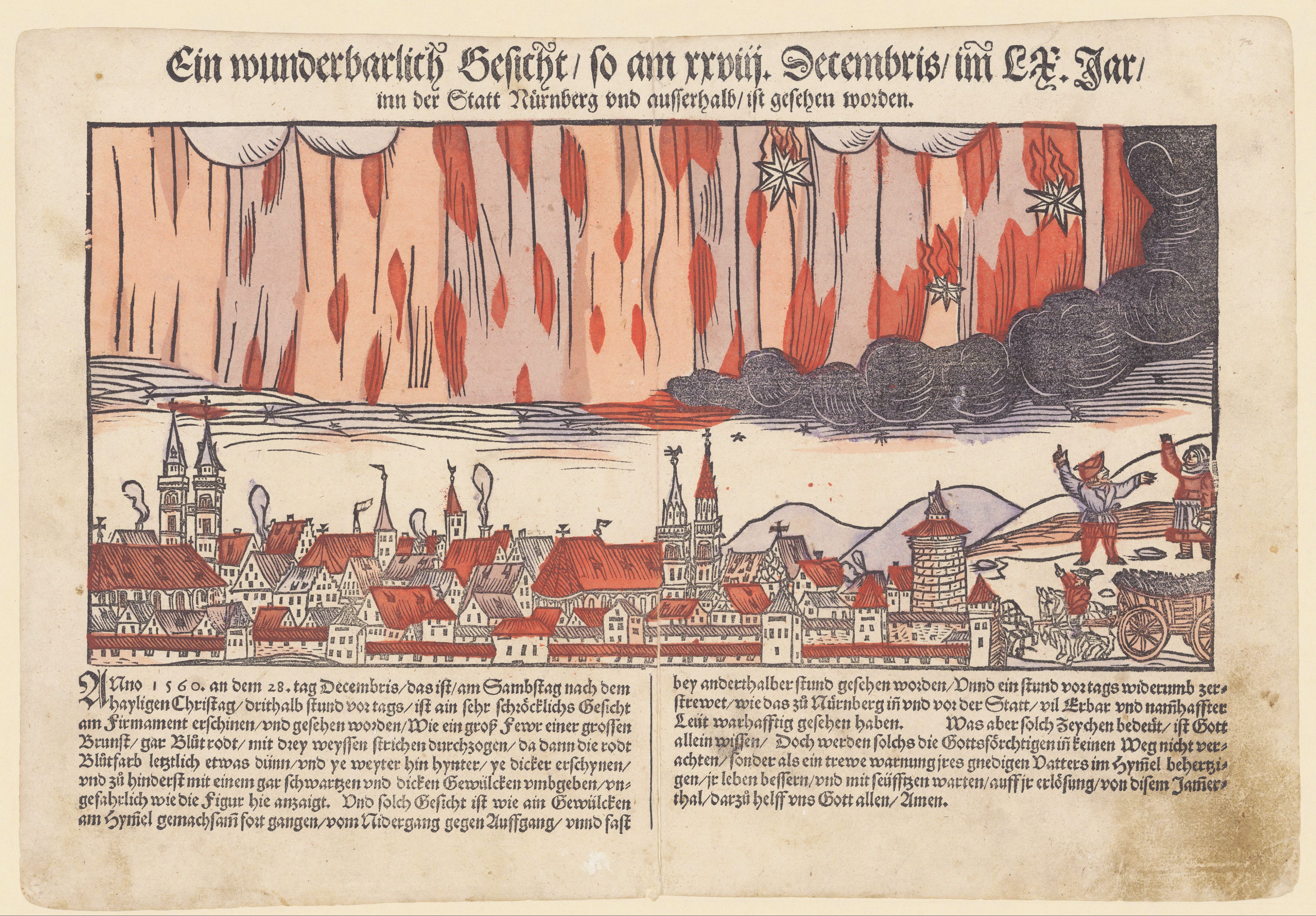 Vintage woodcut print of a city on fire, with an angel descending from the sky and text in old German script.