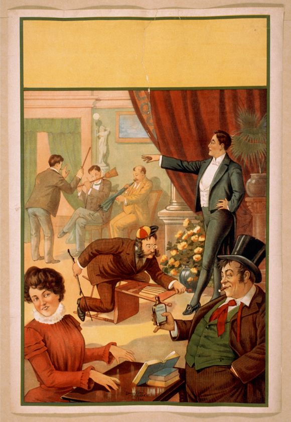 Vintage lithograph poster depicting a chaotic scene within a lavishly decorated room.