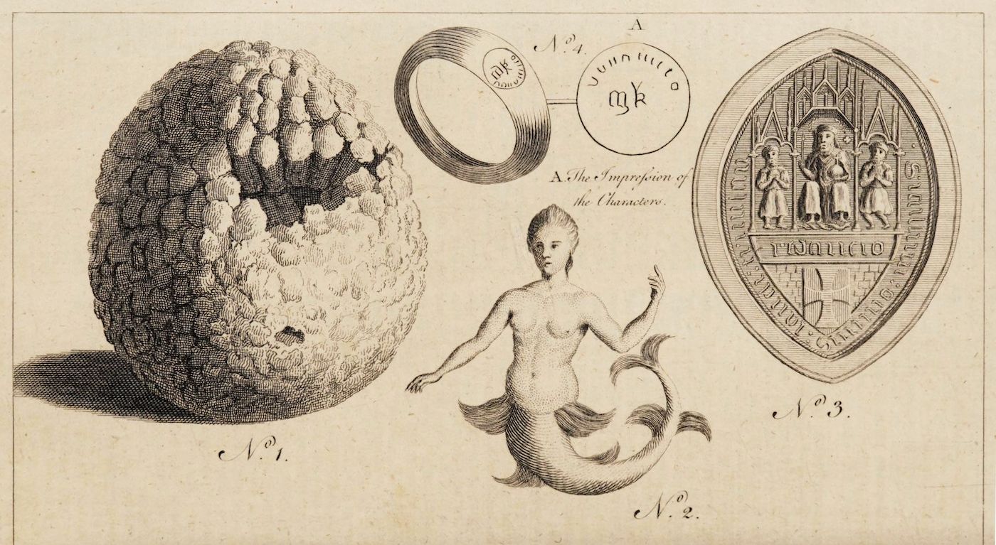 A vintage black and white engraving featuring a collection of objects related to seals and impressions.