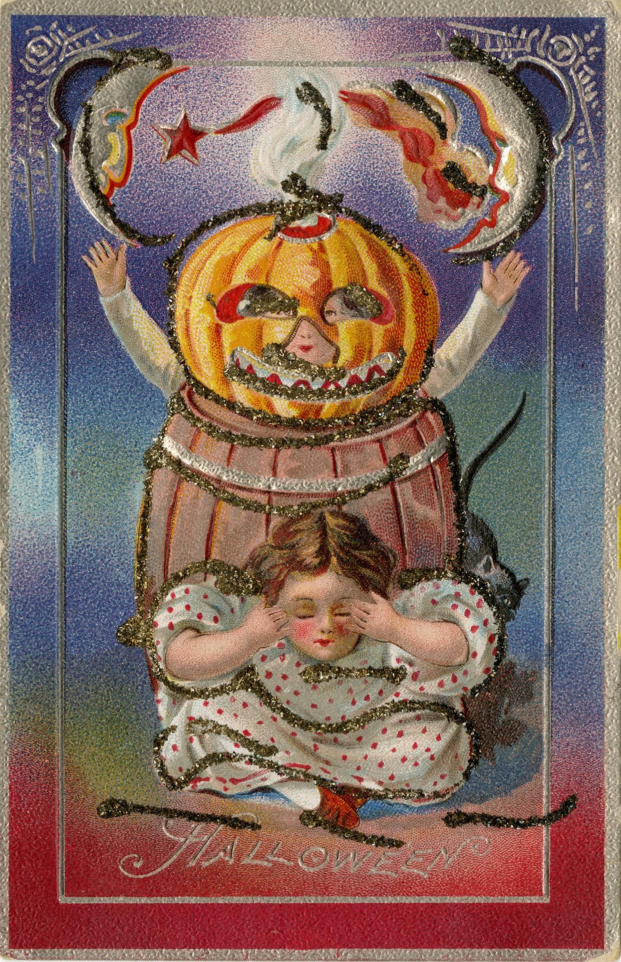 Vintage Halloween postcard with a pumpkin head figure and a frightened child wrapped in a spiderweb.
