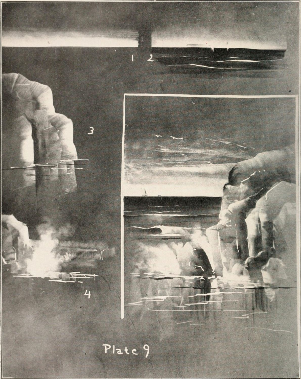 A black and white photograph of hands interacting with a reflective surface, with four rectangular areas each containing a close-up of a hand. The image is labeled 'Plate 9'.