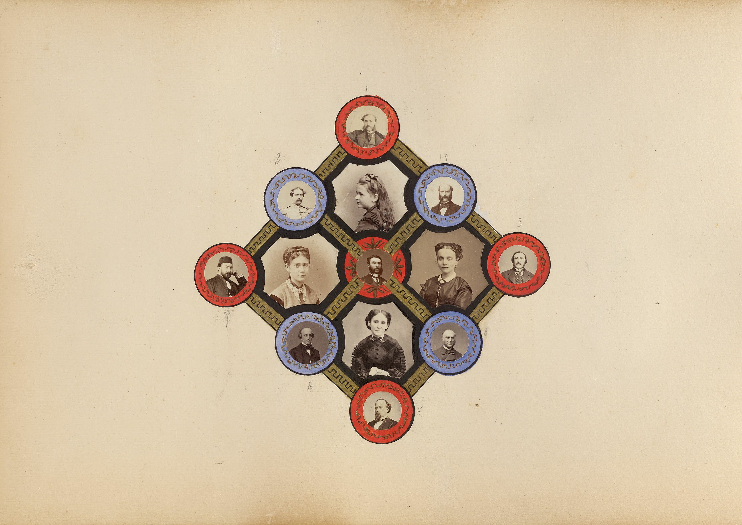 A vintage-style arrangement of portraits within a decorative, geometric frame.