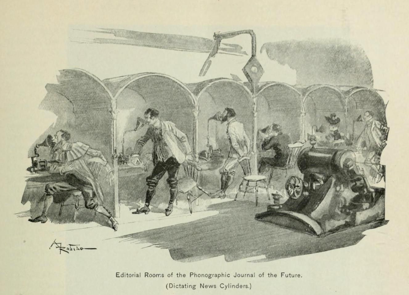 A black and white illustration of a futuristic editorial room with people dictating news into recording cylinders.