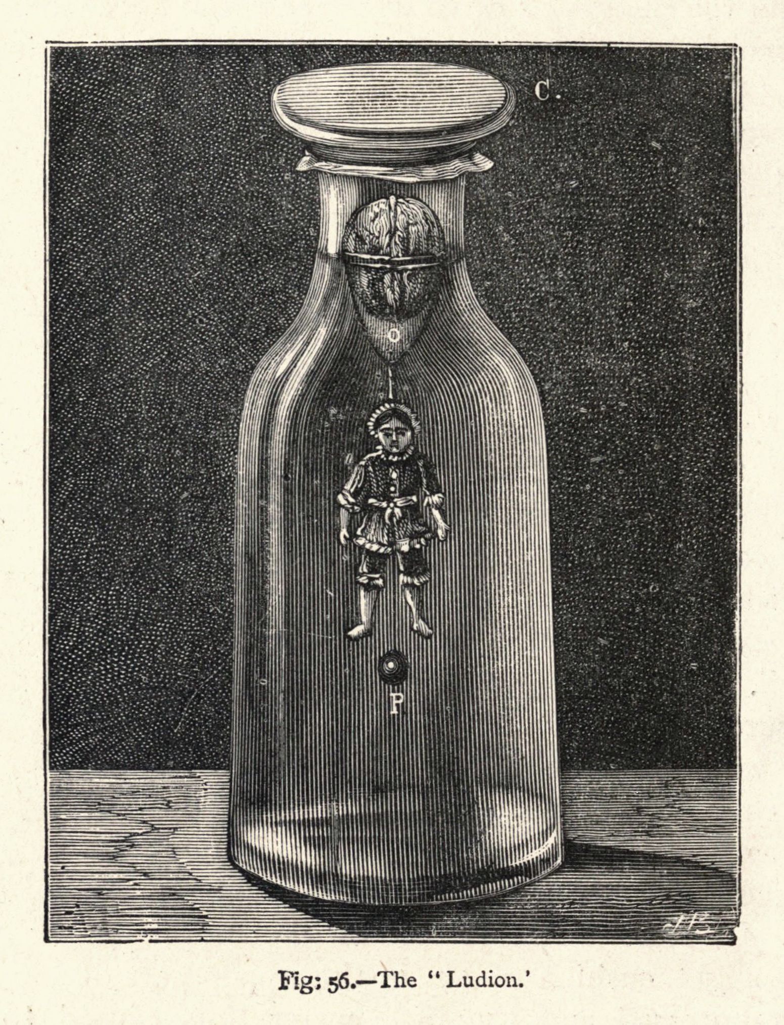 A vintage illustration of a tall, ribbed bottle with a miniature figure attached to its front, labeled as 'Ludion'.