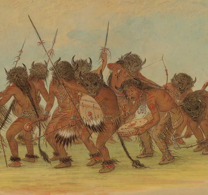 A watercolor painting of Native American dancers in ceremonial attire, holding spears and drums, with buffalo headdresses and intricate beadwork.