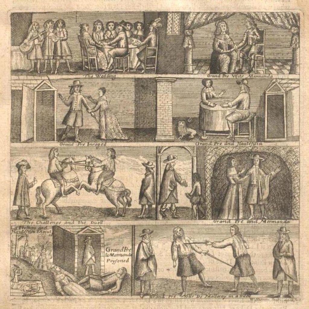 A black and white engraving depicting a series of scenes arranged in a grid, showing various events such as a wedding, a confrontation, and a duel.