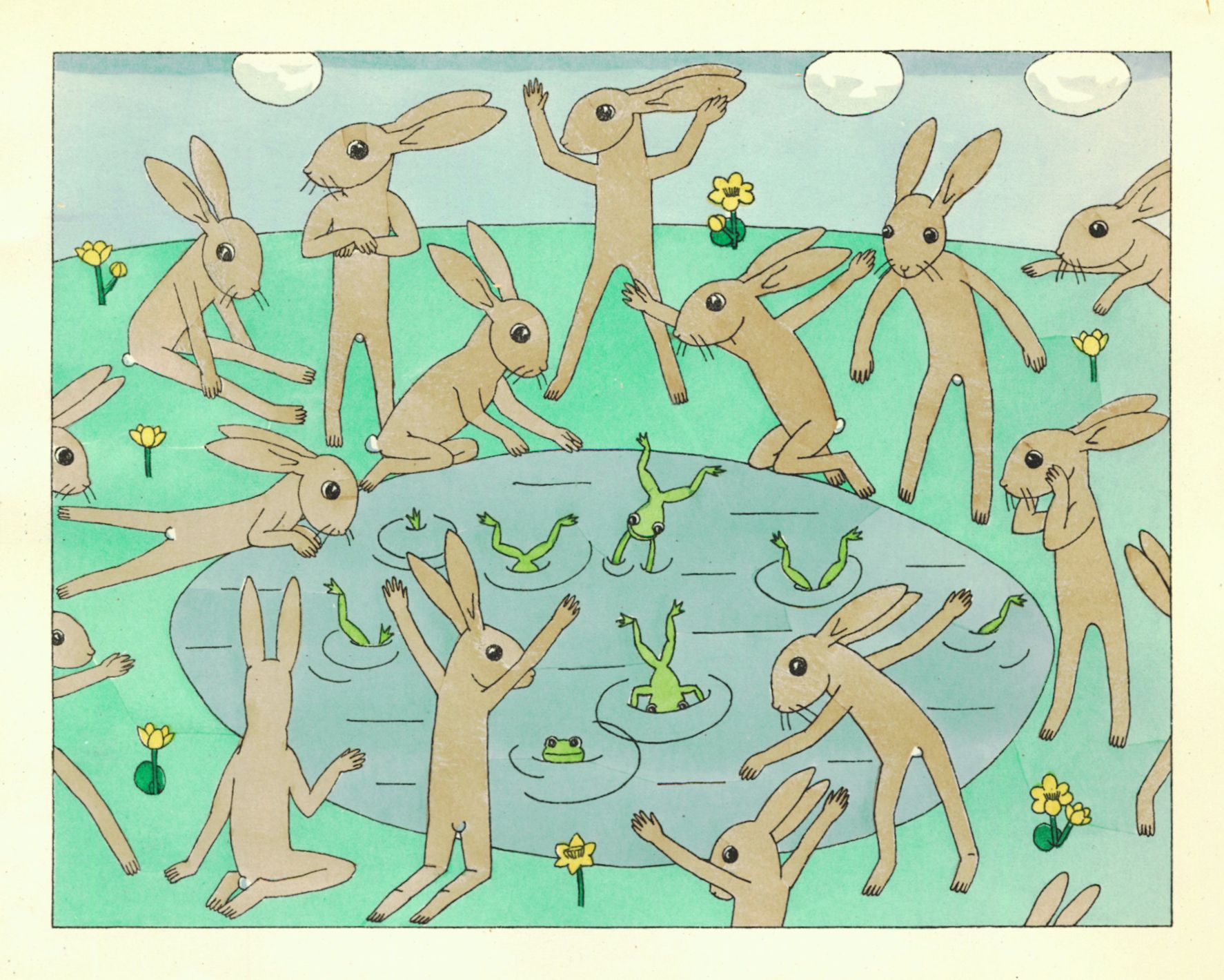 Illustration of rabbits dancing around a pond with frogs and flowers.
