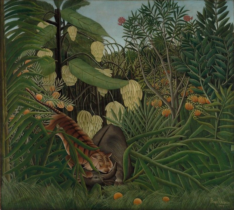 A painting of a tiger stalking a nude woman in a lush jungle.