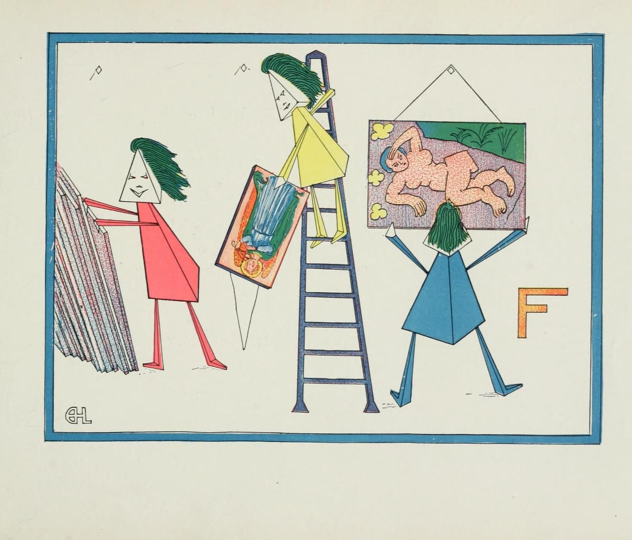 A whimsical illustration with three stylized figures, a ladder, and a painting, rendered in a flat, graphic style with bold colors and simple shapes.