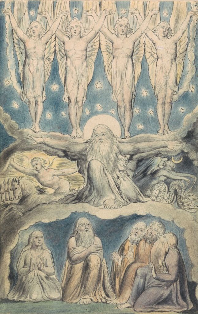 watercolor and ink drawing by William Blake, depicting a celestial scene with multiple figures arranged in layers.