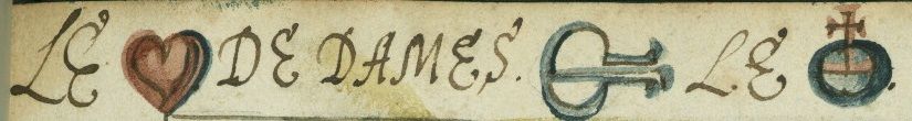A section of an old manuscript with a heart, text, symbol, and coat of arms.