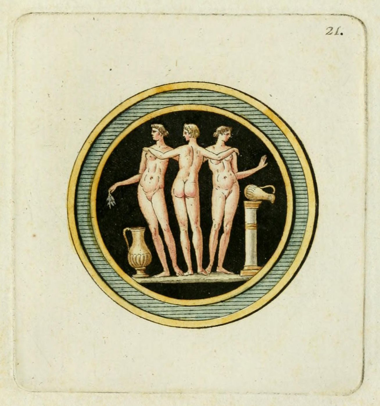 A detailed drawing of the Three Graces within an oval frame.