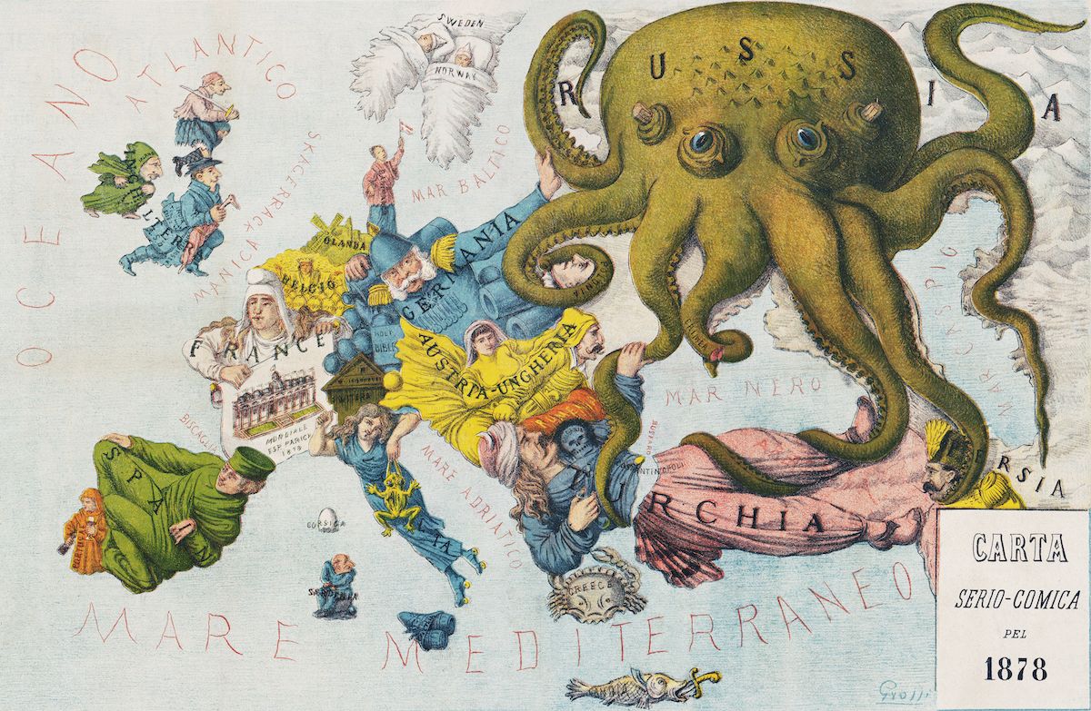 A vintage political cartoon from 1878 depicting Russia as an octopus wrapping its tentacles around various European countries.