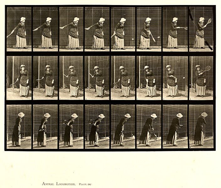A vintage photograph depicting a sequence of images showing a person playing tennis.