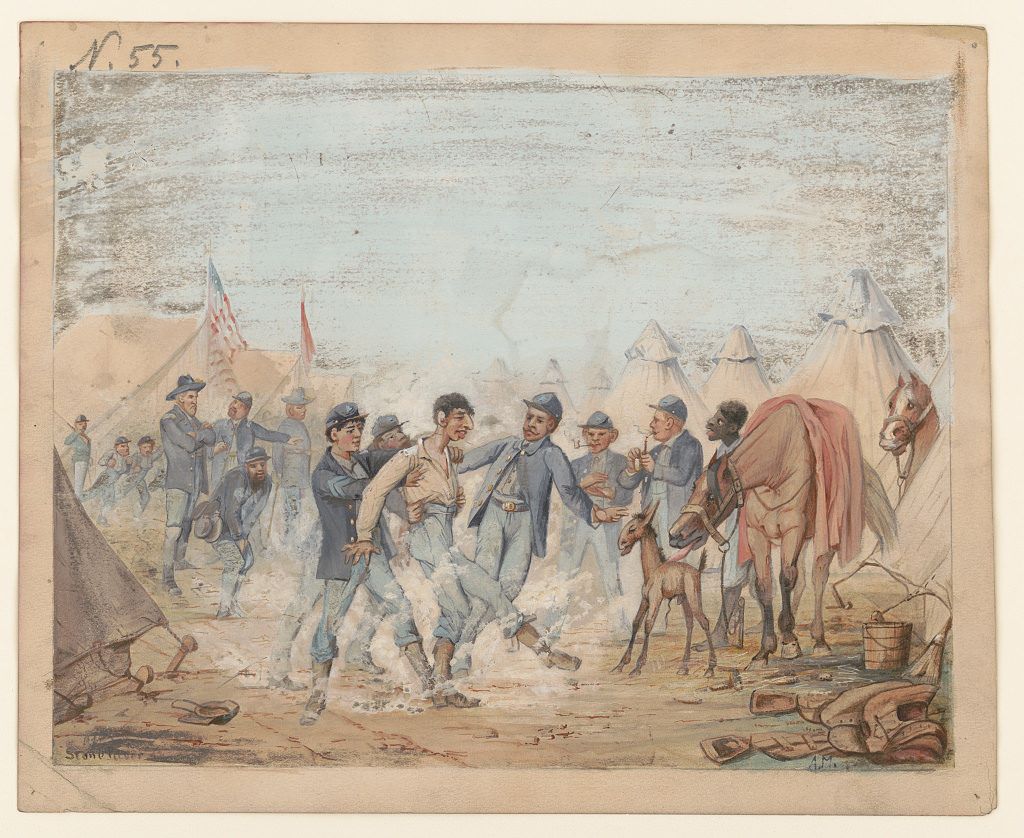 Watercolor and graphite drawing of a lively military camp scene with soldiers wrestling and milling about. The style is loose and expressive, with a muted color palette.