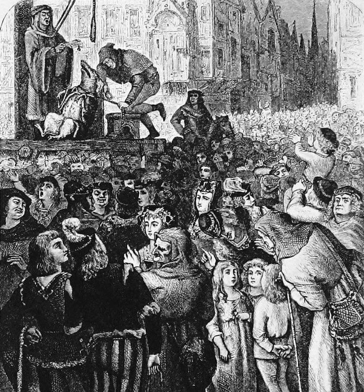 A black and white engraving depicting a public execution in a medieval town square. A large crowd of people is gathered around a raised platform where an executioner is in the process of beheading a victim.