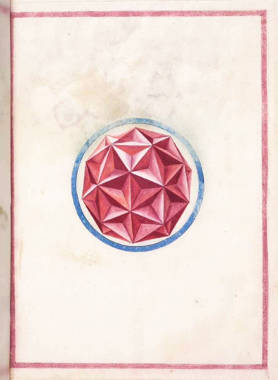 A page from a historical manuscript with a detailed illustration of a faceted red gem surrounded by blue circles.
