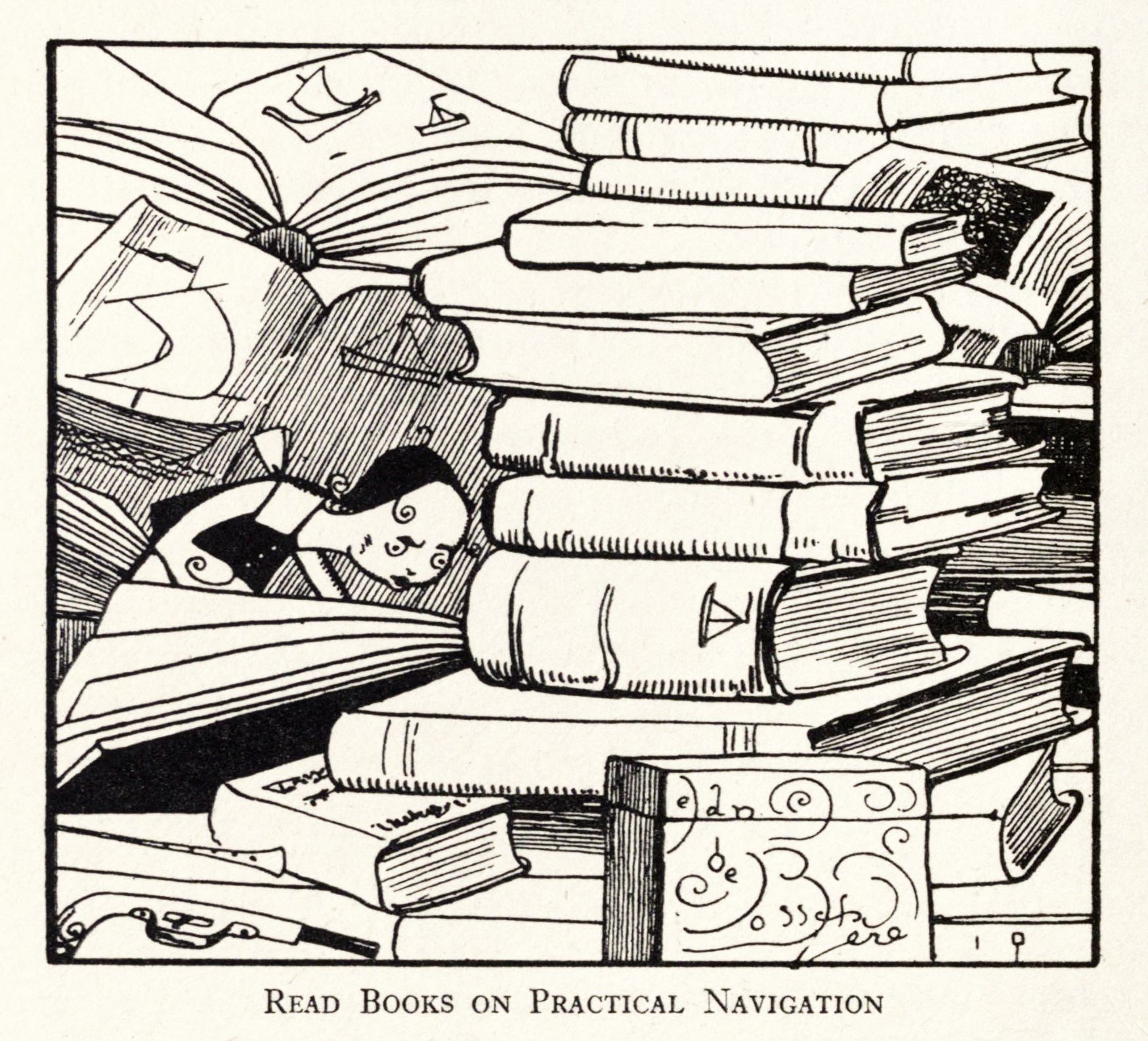 A black and white illustration of a man buried under a pile of books and scrolls, with the text 'READ BOOKS ON PRACTICAL NAVIGATION' below.