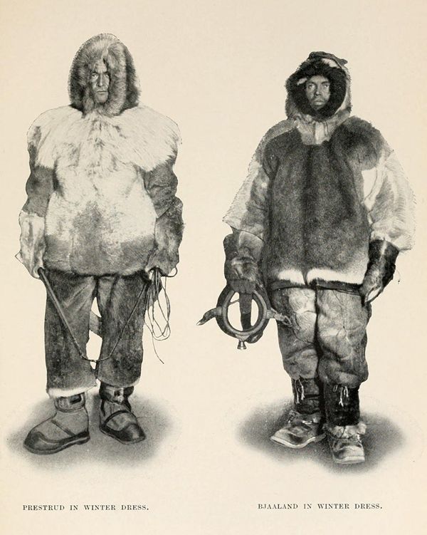 A vintage black and white illustration of two men dressed in traditional winter clothing, identified as Prestrod and Bjaaland.