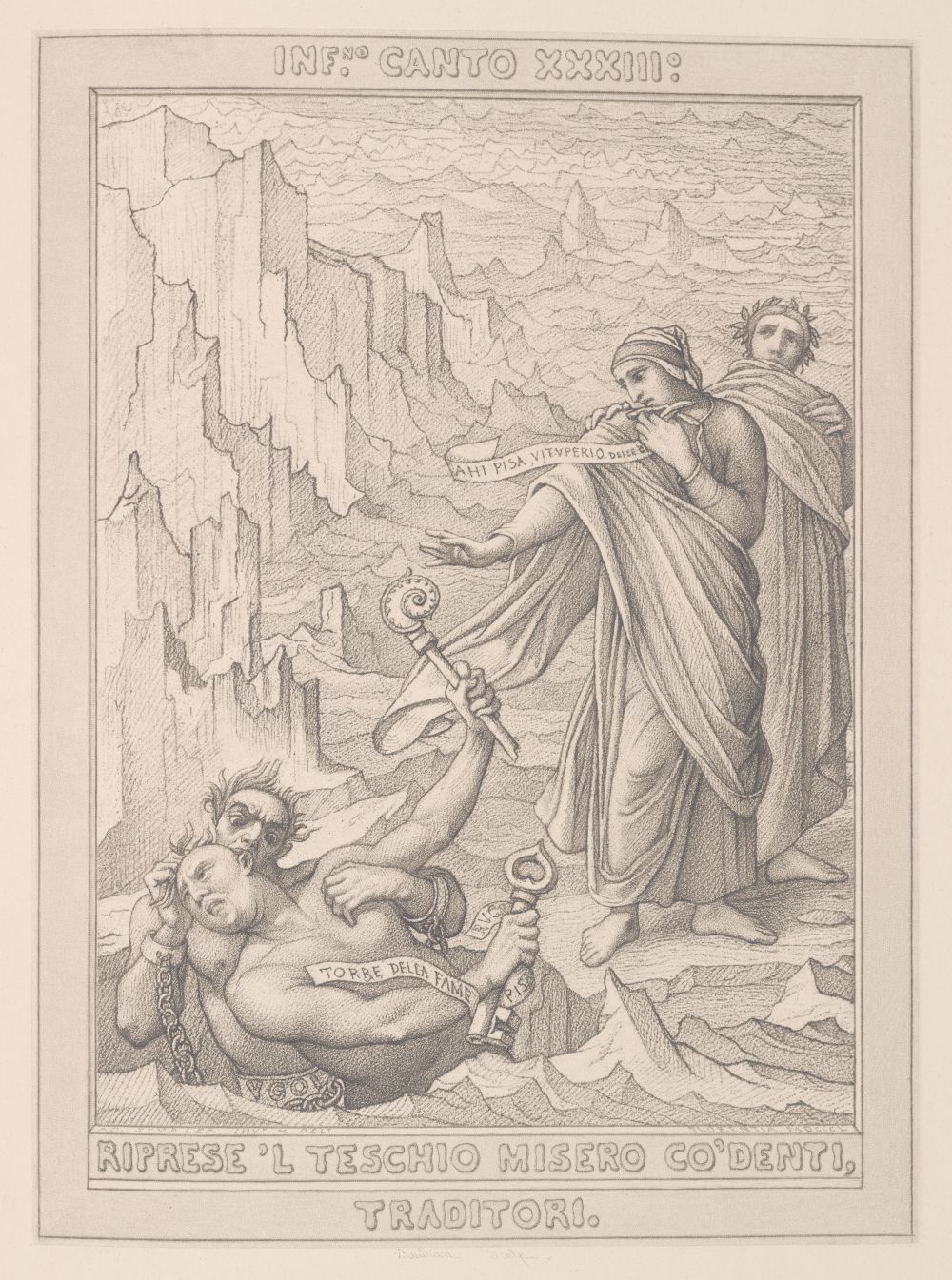 A black and white engraving depicting a scene from Dante's Inferno, with a man looking down at a chained head in a rocky landscape.