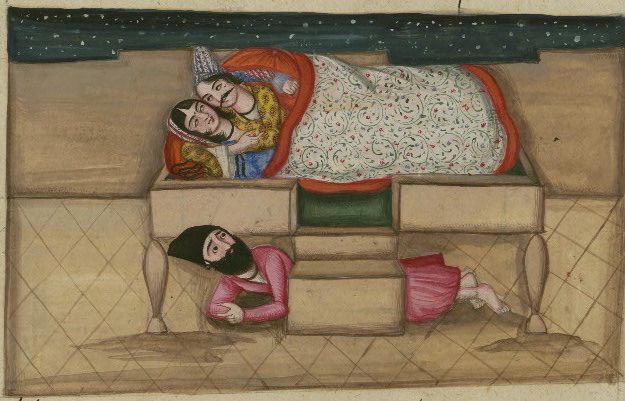 Historical illustration of a couple in bed with a man prostrate on the floor below.