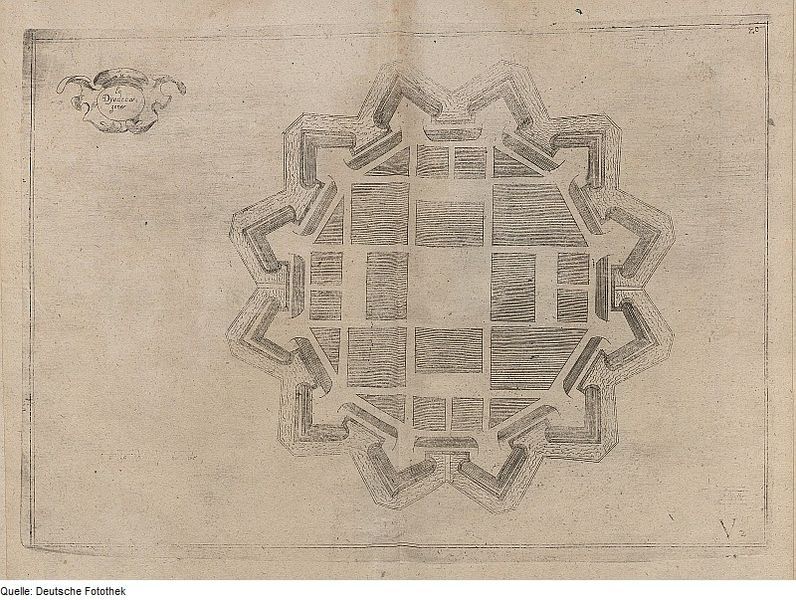 Vintage sepia-toned drawing of a star-shaped fort with detailed bastions and internal structures.