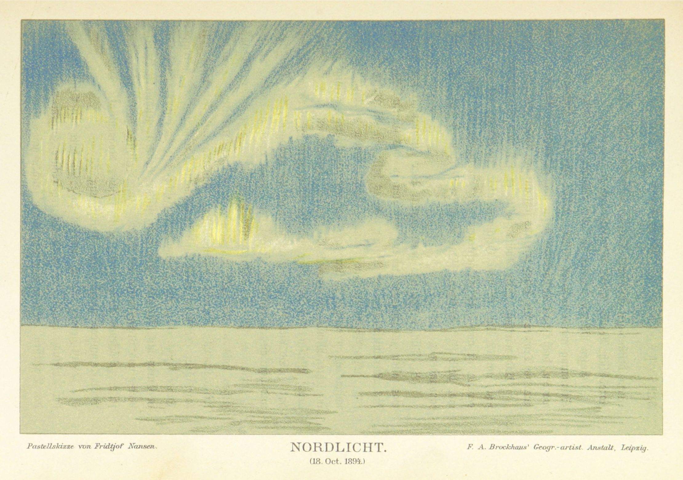 Vintage pastel sketch of the aurora borealis titled 'Nordlicht' dated October 18, 1894, by Fridtjof Nansen.